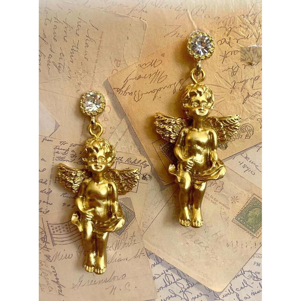 Renaissance Ornate Gold Cherub Drop Earrings - Clear Rhinestone Angel Dangles